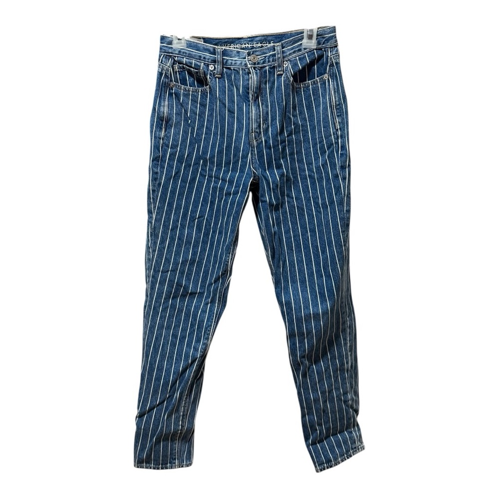 American Eagle Pinstripe Jeans Women 4 Blue Excellent High Rise Mom Pants